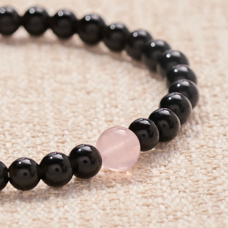 Buddha Stones Pulsera de obsidiana negra y cuarzo rosa con las letras SOUL & MATE para relaciones de pareja. - image 5