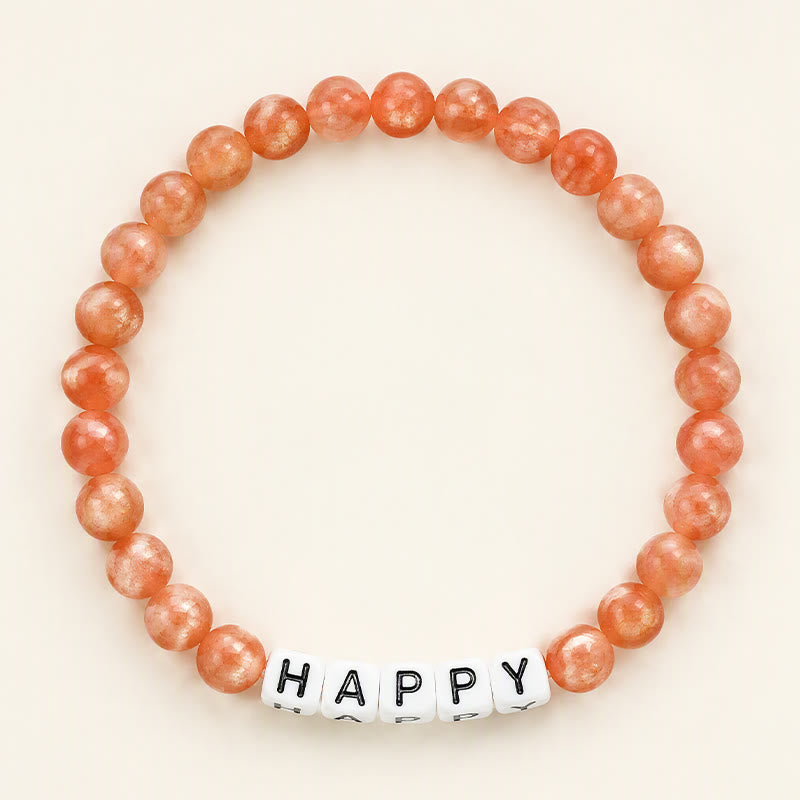Buddha Stones Pulsera con cuentas positivas de piedras solares y letras HAPPY - Piedra del Sol (Riqueza Positiva ♥) - image 0