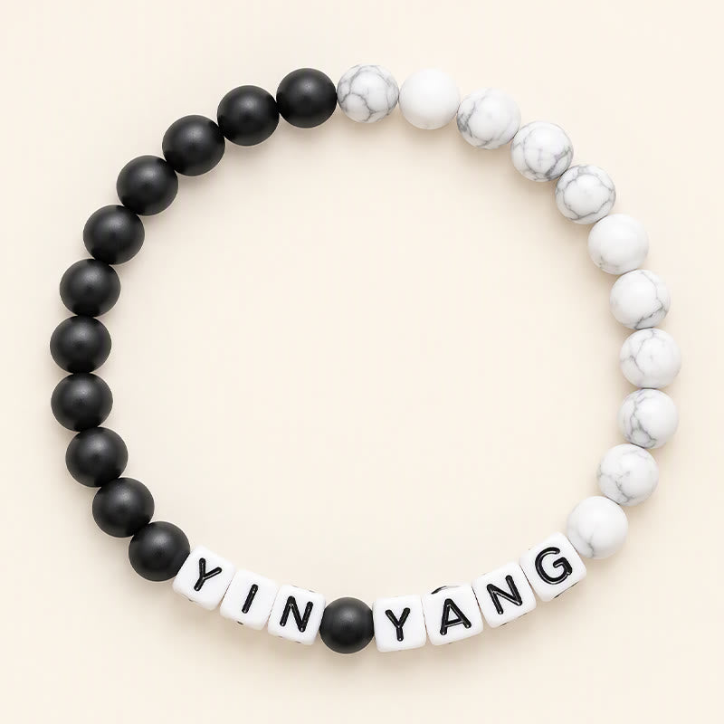 Buddha Stones Pulsera de cuentas con letras YIN YANG, turquesa blanca esmerilada y piedras preciosas. - YIN YANG - image 0