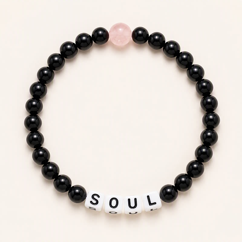 Buddha Stones Pulsera de obsidiana negra y cuarzo rosa con las letras SOUL & MATE para relaciones de pareja. - Obsidiana negra (estilo masculino) - image 1
