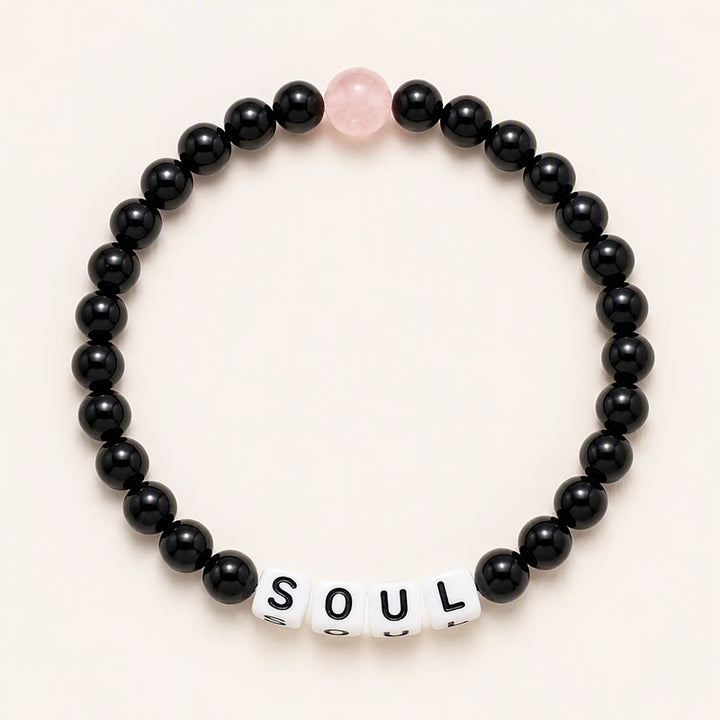 Buddha Stones Pulsera de obsidiana negra y cuarzo rosa con las letras SOUL & MATE para relaciones de pareja. - Obsidiana negra (estilo masculino) - image 1
