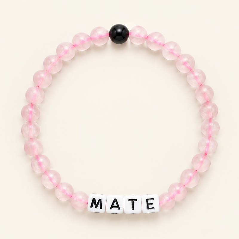 Buddha Stones Pulsera de obsidiana negra y cuarzo rosa con las letras SOUL & MATE para relaciones de pareja. - Cuarzo rosa (estilo femenino) - image 8