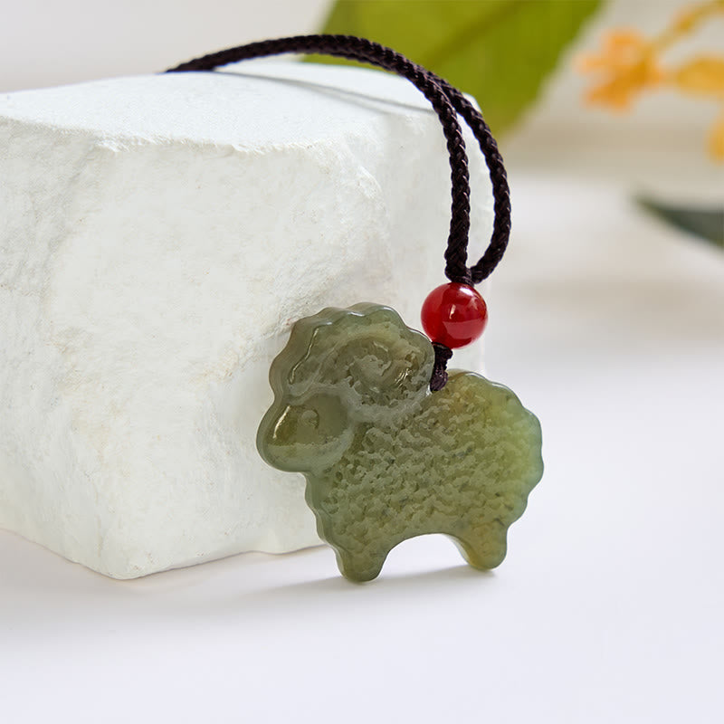 Buddha Stones Collar con colgante de cabra del zodiaco chino de jade Hetian verde - Jade (Suerte♥Protección) - image 0