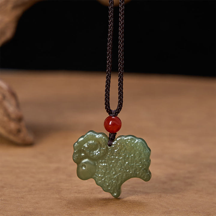 Buddha Stones Collar con colgante de cabra del zodiaco chino de jade Hetian verde - image 4