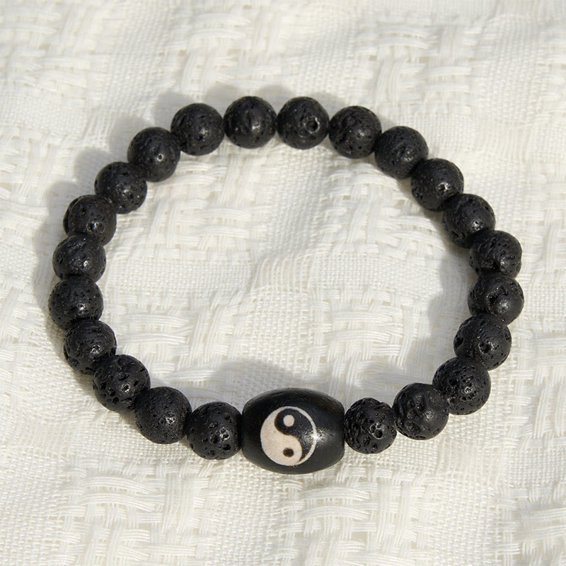 Buddha Stones Pulsera de soporte con cuentas Yin Yang de ónix negro y roca volcánica - image 1