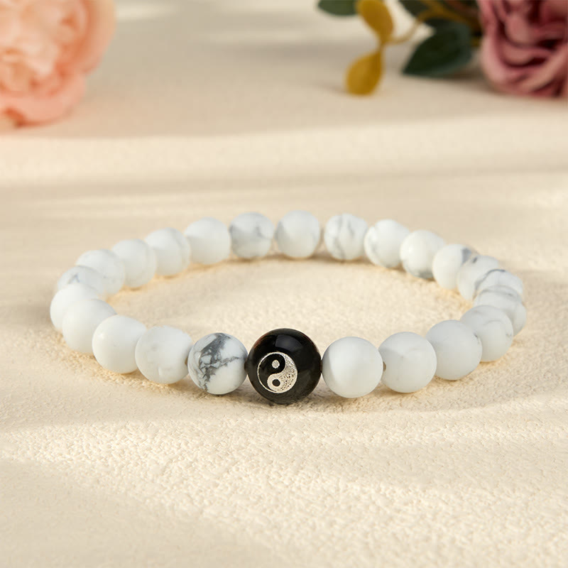 Buddha Stones Pulsera de equilibrio con cuentas redondas de ónix negro, turquesa blanca y yin yang de obsidiana negra. - Turquesa blanca - 5,9–6,3 pulgadas (15–16 cm) - image 11