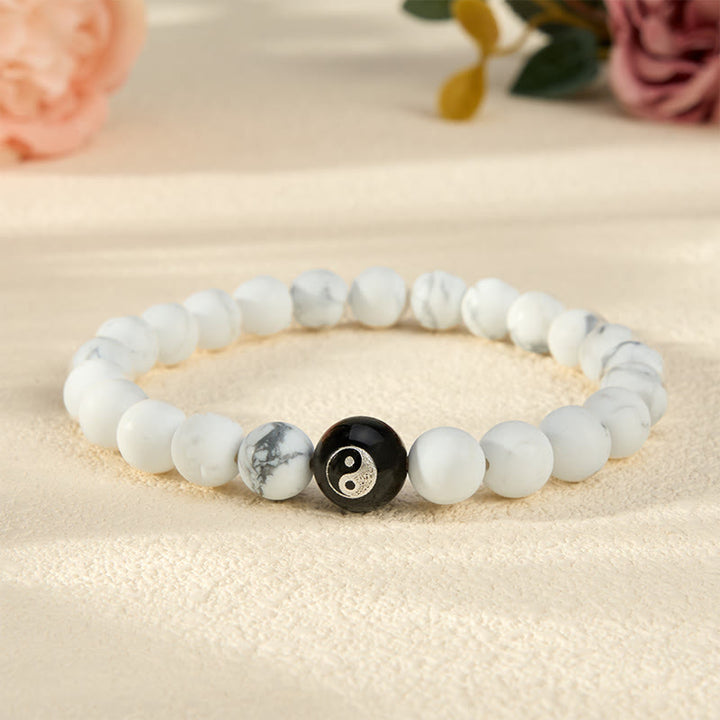 Buddha Stones Pulsera de equilibrio con cuentas redondas de ónix negro, turquesa blanca y yin yang de obsidiana negra. - Turquesa blanca - 5,9–6,3 pulgadas (15–16 cm) - image 11
