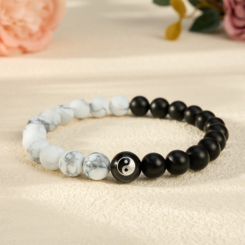 Buddha Stones Pulsera de equilibrio con cuentas redondas de ónix negro, turquesa blanca y yin yang de obsidiana negra. - Ónix negro y turquesa blanca - 5,9–6,3 pulgadas (15–16 cm) - image 17