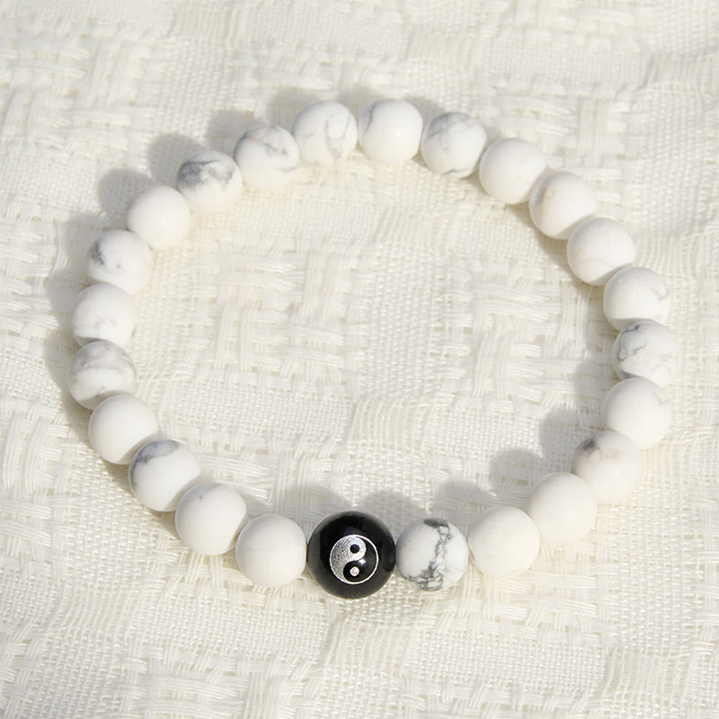 Buddha Stones Pulsera de equilibrio con cuentas redondas de ónix negro, turquesa blanca y yin yang de obsidiana negra. - image 12