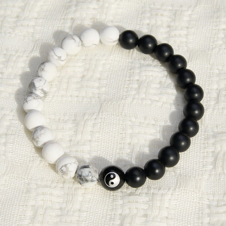 Buddha Stones Pulsera de equilibrio con cuentas redondas de ónix negro, turquesa blanca y yin yang de obsidiana negra. - image 18