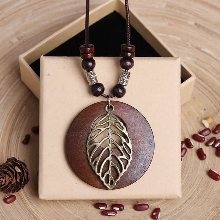 Buddha Stones Collar con colgante de conexión del árbol de la vida en madera y cuero - Oro - image 0