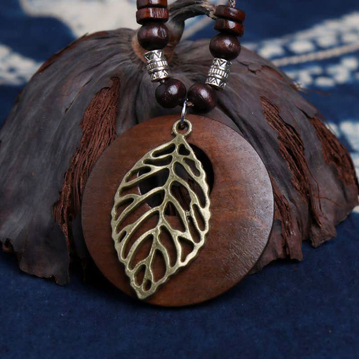 Buddha Stones Collar con colgante de conexión del árbol de la vida en madera y cuero - image 1