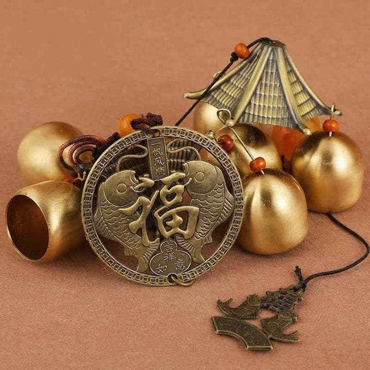 Buddha Stones Campanas y carillones de abundancia Pi Xiu Bagua de cobre macizo de dos niveles con forma de pez koi - image 11