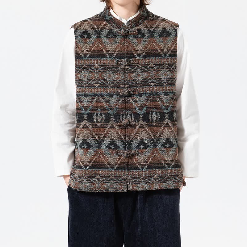 Buddha Stones Chaleco para hombre estilo vintage Tang con cuello mandarín y estampado geométrico, ideal para otoño e invierno. - Broncearse - US/UK/AU46, EU56 (5XL) - image 0