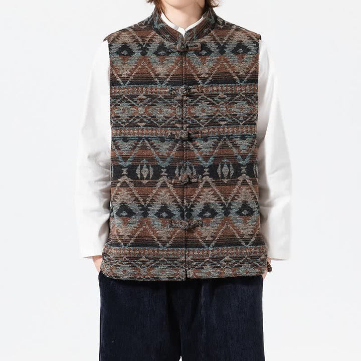 Buddha Stones Chaleco para hombre estilo vintage Tang con cuello mandarín y estampado geométrico, ideal para otoño e invierno. - Broncearse - US/UK/AU46, EU56 (5XL) - image 0