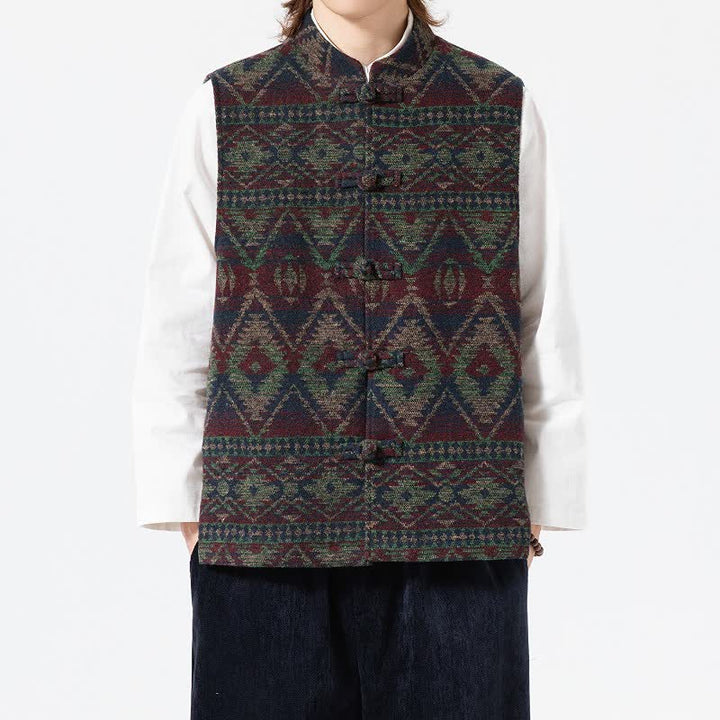 Buddha Stones Chaleco para hombre estilo vintage Tang con cuello mandarín y estampado geométrico, ideal para otoño e invierno. - Verde azulado - US/UK/AU46, EU56 (5XL) - image 7