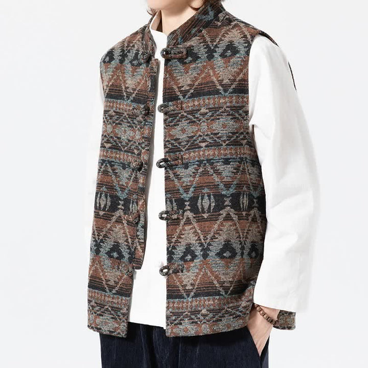 Buddha Stones Chaleco para hombre estilo vintage Tang con cuello mandarín y estampado geométrico, ideal para otoño e invierno. - image 4
