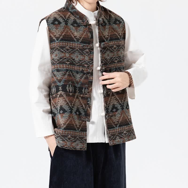Buddha Stones Chaleco para hombre estilo vintage Tang con cuello mandarín y estampado geométrico, ideal para otoño e invierno. - image 1