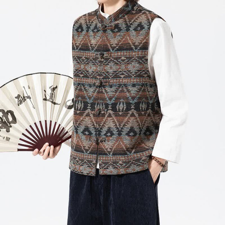 Buddha Stones Chaleco para hombre estilo vintage Tang con cuello mandarín y estampado geométrico, ideal para otoño e invierno. - image 2