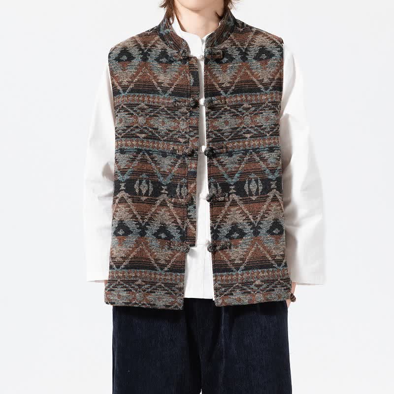 Buddha Stones Chaleco para hombre estilo vintage Tang con cuello mandarín y estampado geométrico, ideal para otoño e invierno. - image 6