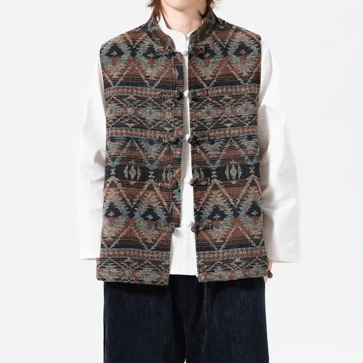 Buddha Stones Chaleco para hombre estilo vintage Tang con cuello mandarín y estampado geométrico, ideal para otoño e invierno. - image 6