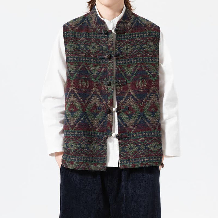 Buddha Stones Chaleco para hombre estilo vintage Tang con cuello mandarín y estampado geométrico, ideal para otoño e invierno. - image 10