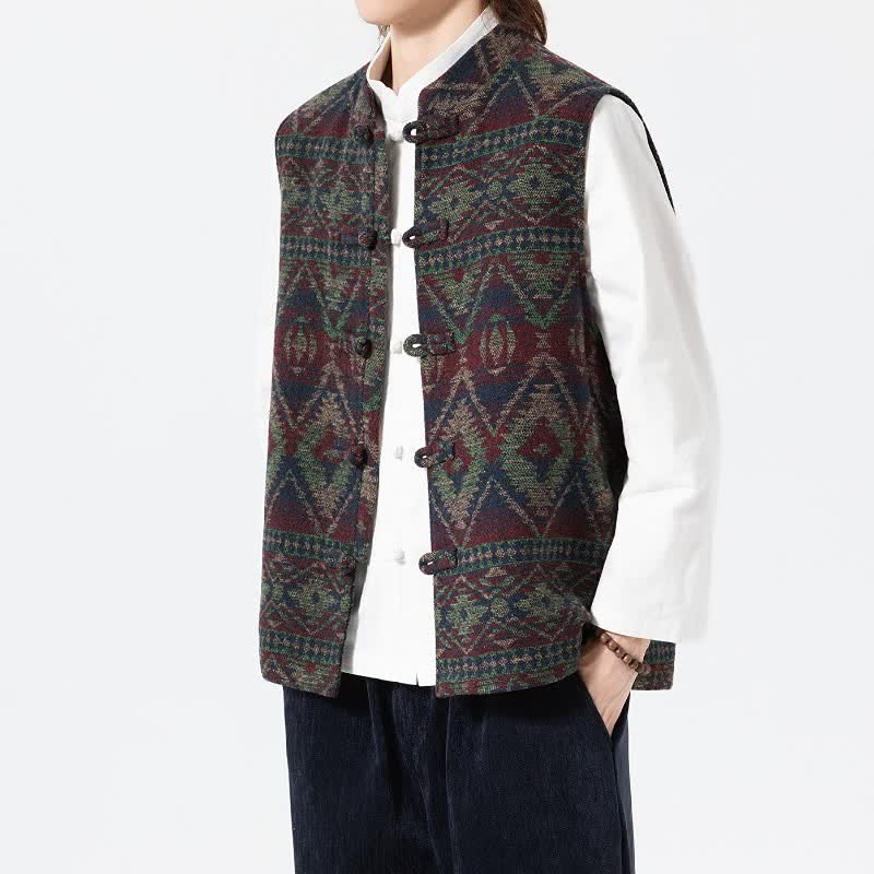 Buddha Stones Chaleco para hombre estilo vintage Tang con cuello mandarín y estampado geométrico, ideal para otoño e invierno. - image 9