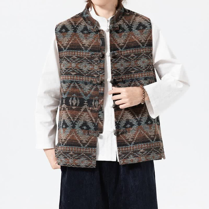 Buddha Stones Chaleco para hombre estilo vintage Tang con cuello mandarín y estampado geométrico, ideal para otoño e invierno. - image 3