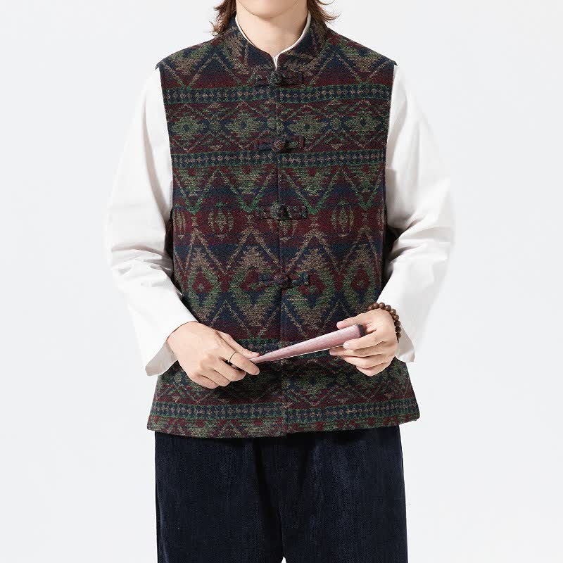 Buddha Stones Chaleco para hombre estilo vintage Tang con cuello mandarín y estampado geométrico, ideal para otoño e invierno. - image 8