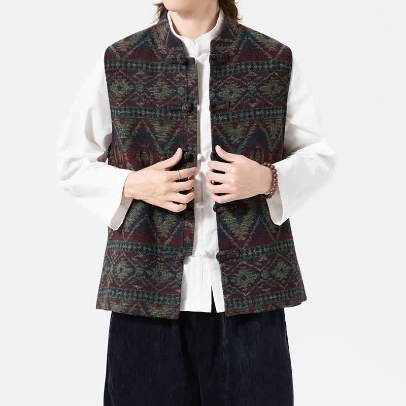 Buddha Stones Chaleco para hombre estilo vintage Tang con cuello mandarín y estampado geométrico, ideal para otoño e invierno. - image 12
