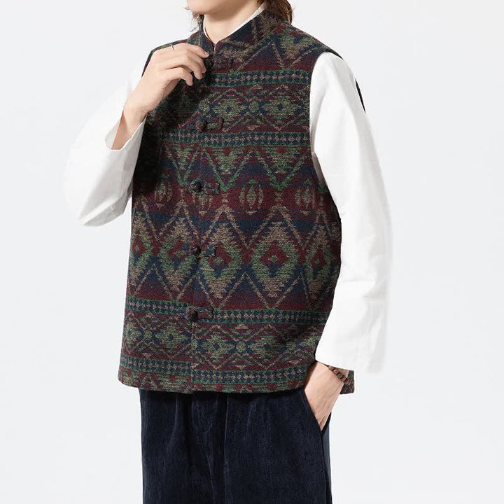 Buddha Stones Chaleco para hombre estilo vintage Tang con cuello mandarín y estampado geométrico, ideal para otoño e invierno. - image 13