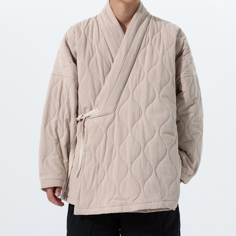 Buddha Stones Kimono de hombre de algodón liso acolchado con cordón ajustable, estilo Tang, para otoño/invierno, con bolsillos. - Beige - US/UK/AU46, EU56 (5XL) - image 27