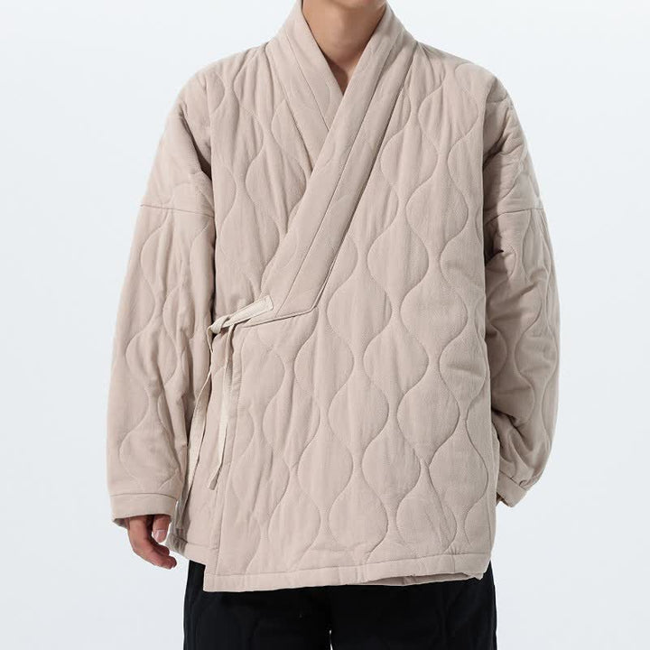 Buddha Stones Kimono de hombre de algodón liso acolchado con cordón ajustable, estilo Tang, para otoño/invierno, con bolsillos. - Beige - US/UK/AU46, EU56 (5XL) - image 27