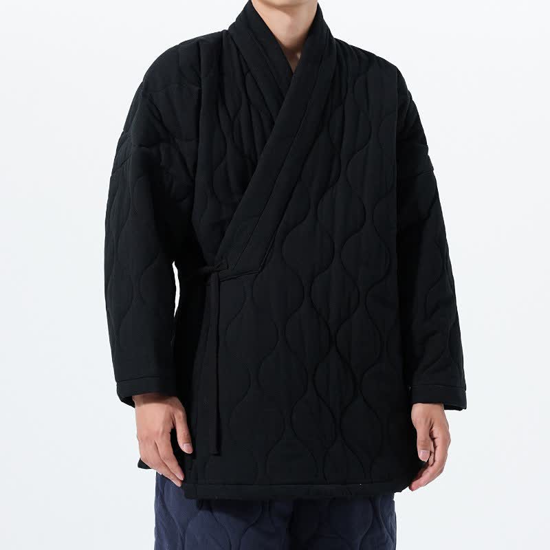 Buddha Stones Kimono de hombre de algodón liso acolchado con cordón ajustable, estilo Tang, para otoño/invierno, con bolsillos. - Negro - US/UK/AU46, EU56 (5XL) - image 19
