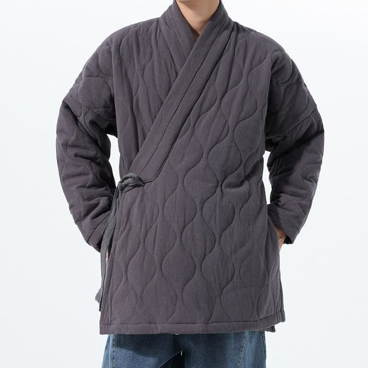 Buddha Stones Kimono de hombre de algodón liso acolchado con cordón ajustable, estilo Tang, para otoño/invierno, con bolsillos. - Gris pizarra oscuro - US/UK/AU46, EU56 (5XL) - image 14