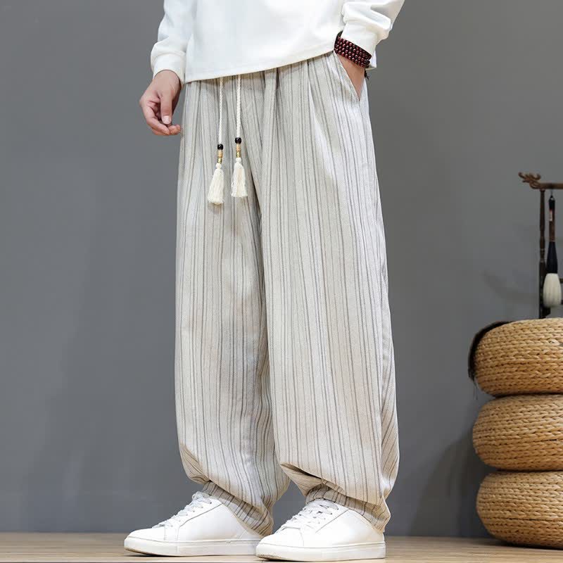 Buddha Stones Pantalones largos de hombre de corte recto con cordón ajustable y rayas, estilo casual de otoño. - Blanco - US/UK/AU46, EU56 (5XL) - image 27