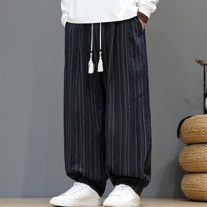 Buddha Stones Pantalones largos de hombre de corte recto con cordón ajustable y rayas, estilo casual de otoño. - Negro - US/UK/AU46, EU56 (5XL) - image 11