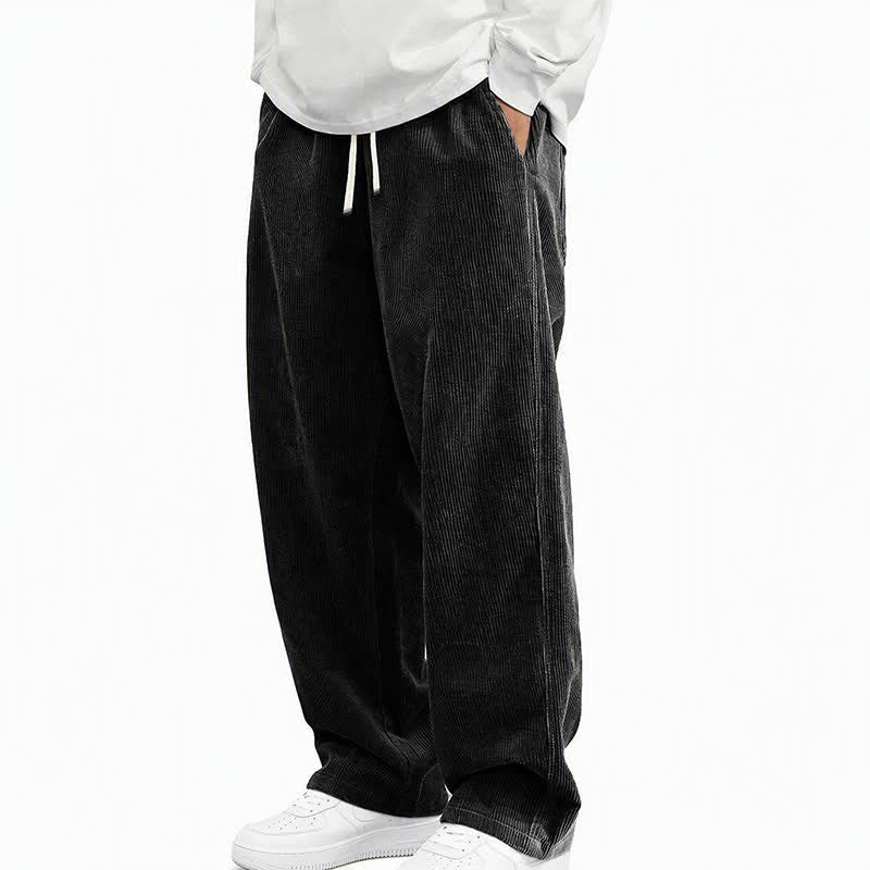 Buddha Stones Pantalones largos de pana lisos con cordón ajustable para hombre, estilo casual de otoño/invierno, pierna recta y bolsillos. - Negro - US/UK/AU48, EU58 (5XL) - image 1