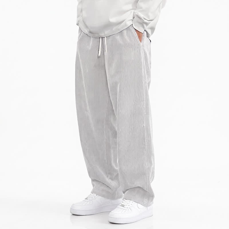 Buddha Stones Pantalones largos de pana lisos con cordón ajustable para hombre, estilo casual de otoño/invierno, pierna recta y bolsillos. - Blanco - US/UK/AU48, EU58 (5XL) - image 9