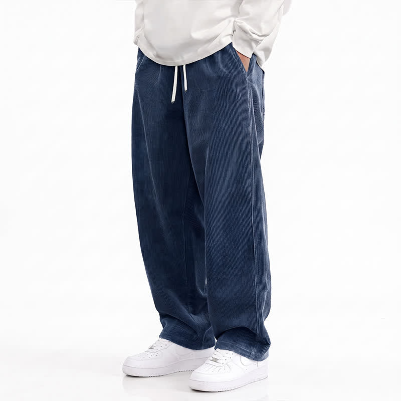 Buddha Stones Pantalones largos de pana lisos con cordón ajustable para hombre, estilo casual de otoño/invierno, pierna recta y bolsillos. - Marina de guerra - US/UK/AU48, EU58 (5XL) - image 5