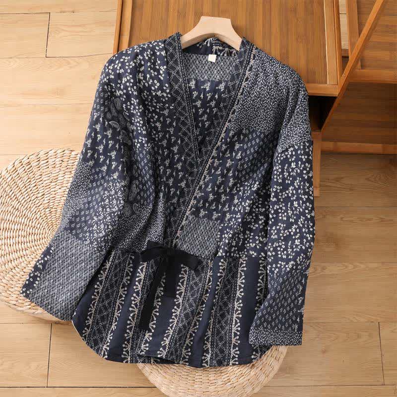Buddha Stones Kimono de mujer estilo boho informal con cordón ajustable y estampado floral patchwork, ideal para otoño e invierno. - Azul medianoche - US4-8/10, UK/AU8-12/14, EU36-40/42 (F) - image 0