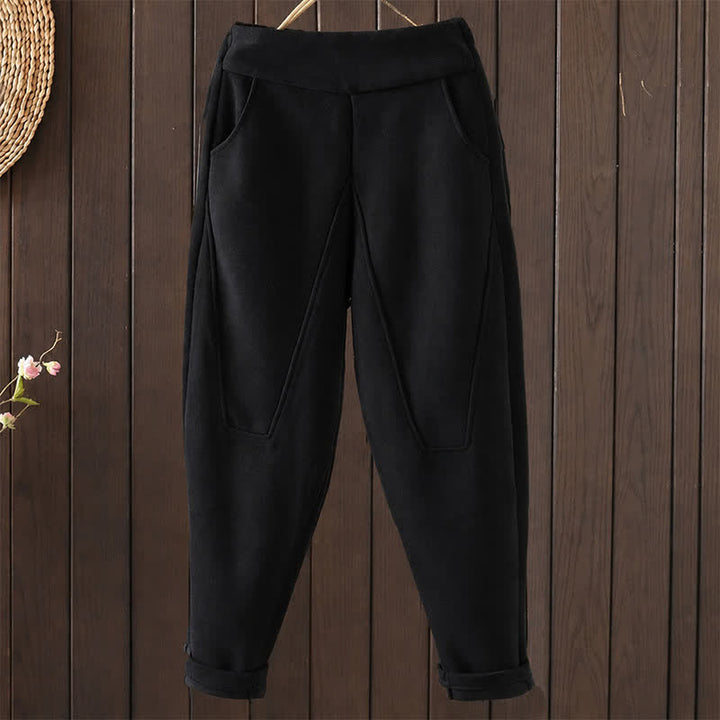 Buddha Stones Pantalones tobilleros casuales de invierno de algodón liso para mujer, pantalones ajustados con bolsillo. - Negro - US12, UK/AU16, EU44 (3XL) - image 0