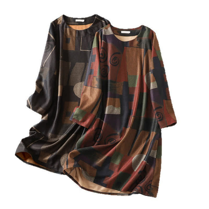 Buddha Stones Vestido de manga larga para mujer, de algodón, con estampado geométrico abstracto y estilo bohemio vintage, ideal para otoño e invierno, con bolsillos. - image 10