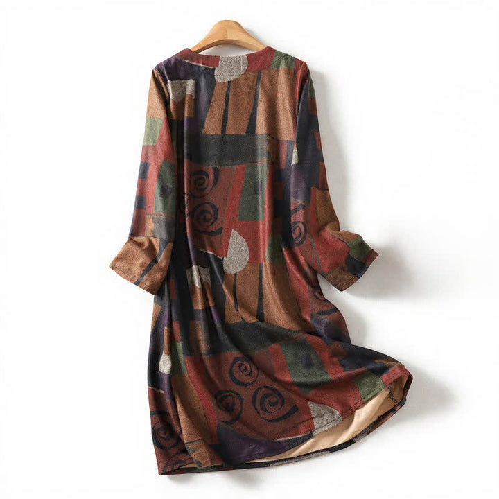 Buddha Stones Vestido de manga larga para mujer, de algodón, con estampado geométrico abstracto y estilo bohemio vintage, ideal para otoño e invierno, con bolsillos. - image 1