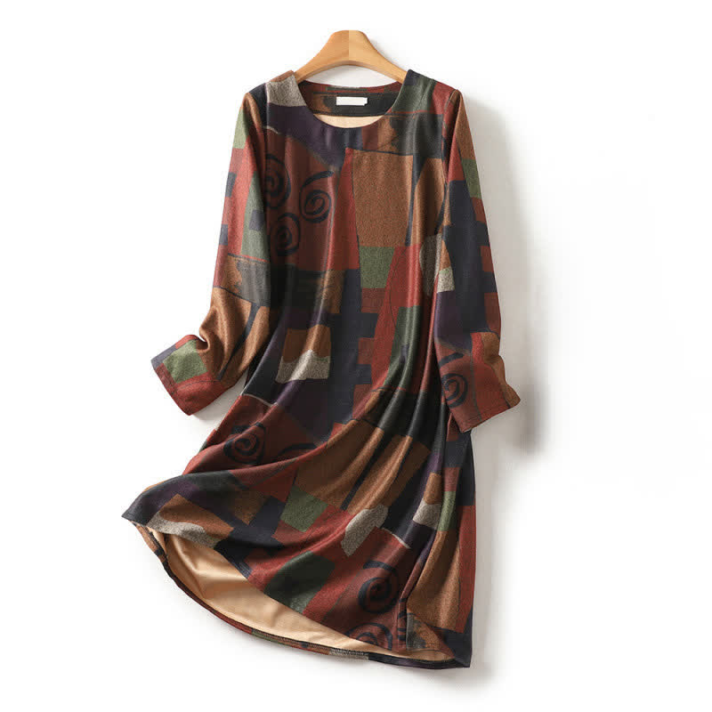 Buddha Stones Vestido de manga larga para mujer, de algodón, con estampado geométrico abstracto y estilo bohemio vintage, ideal para otoño e invierno, con bolsillos. - Tierra de siena - US8-10, UK/AU12-14, EU40-42 (2XL) - image 0
