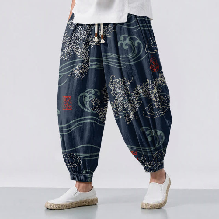 Buddha Stones Pantalones harem para hombre de algodón puro con estampado étnico de dragón, cordón ajustable y bolsillos. - Azul medianoche - US/UK/AU50, EU60 (5XL) - image 0