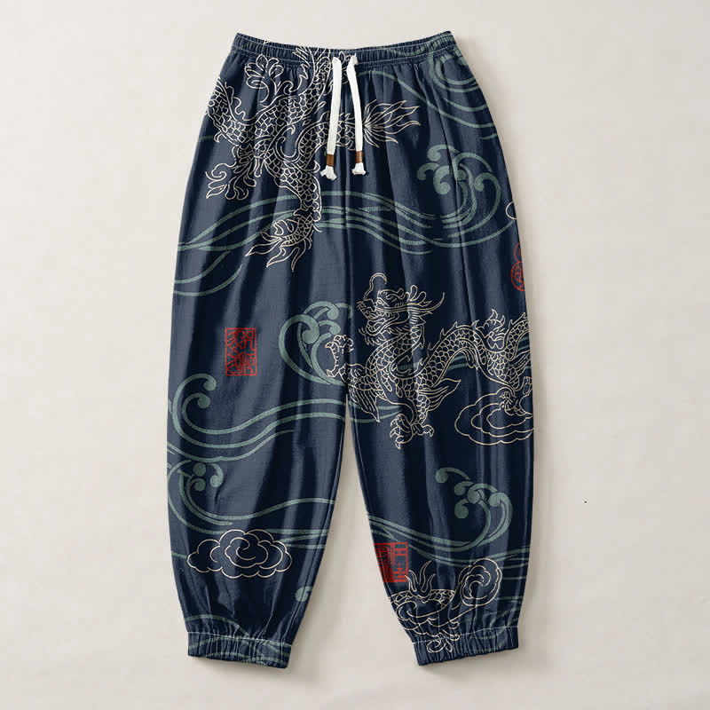 Buddha Stones Pantalones harem para hombre de algodón puro con estampado étnico de dragón, cordón ajustable y bolsillos. - image 1