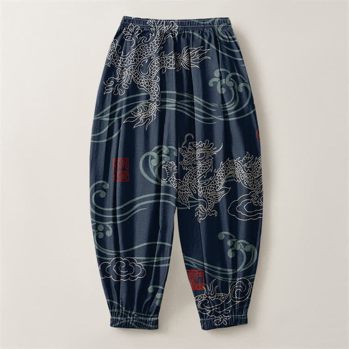 Buddha Stones Pantalones harem para hombre de algodón puro con estampado étnico de dragón, cordón ajustable y bolsillos. - image 2