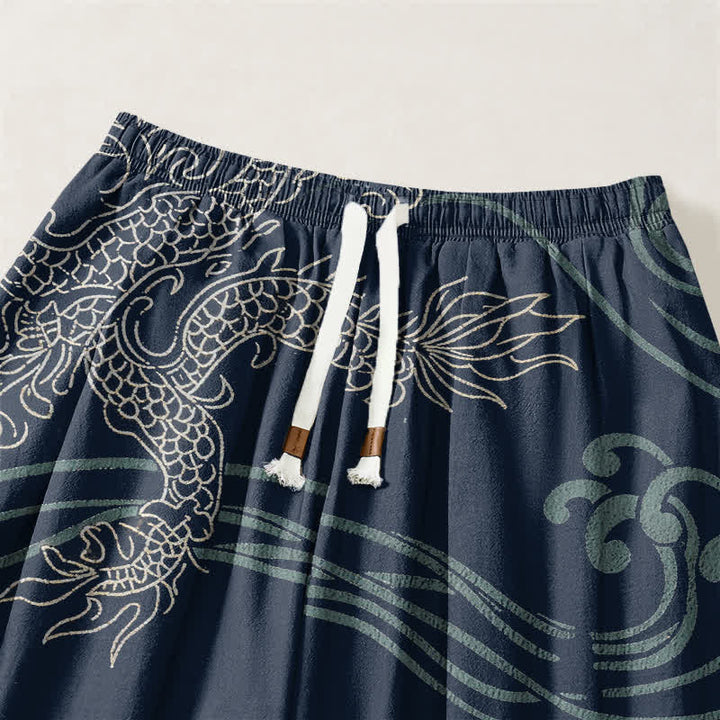 Buddha Stones Pantalones harem para hombre de algodón puro con estampado étnico de dragón, cordón ajustable y bolsillos. - image 3