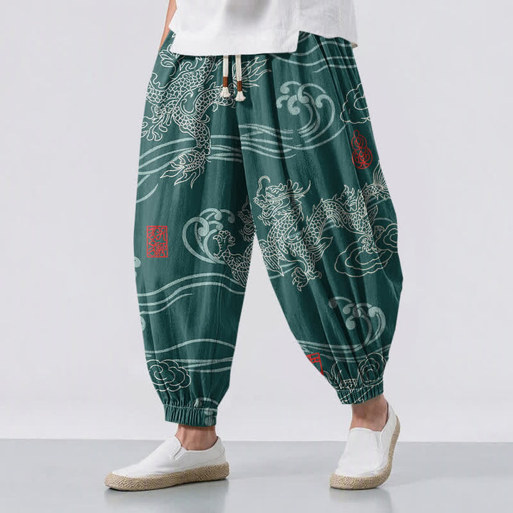 Buddha Stones Pantalones harem para hombre de algodón puro con estampado étnico de dragón, cordón ajustable y bolsillos. - Verde azulado - US/UK/AU50, EU60 (5XL) - image 6